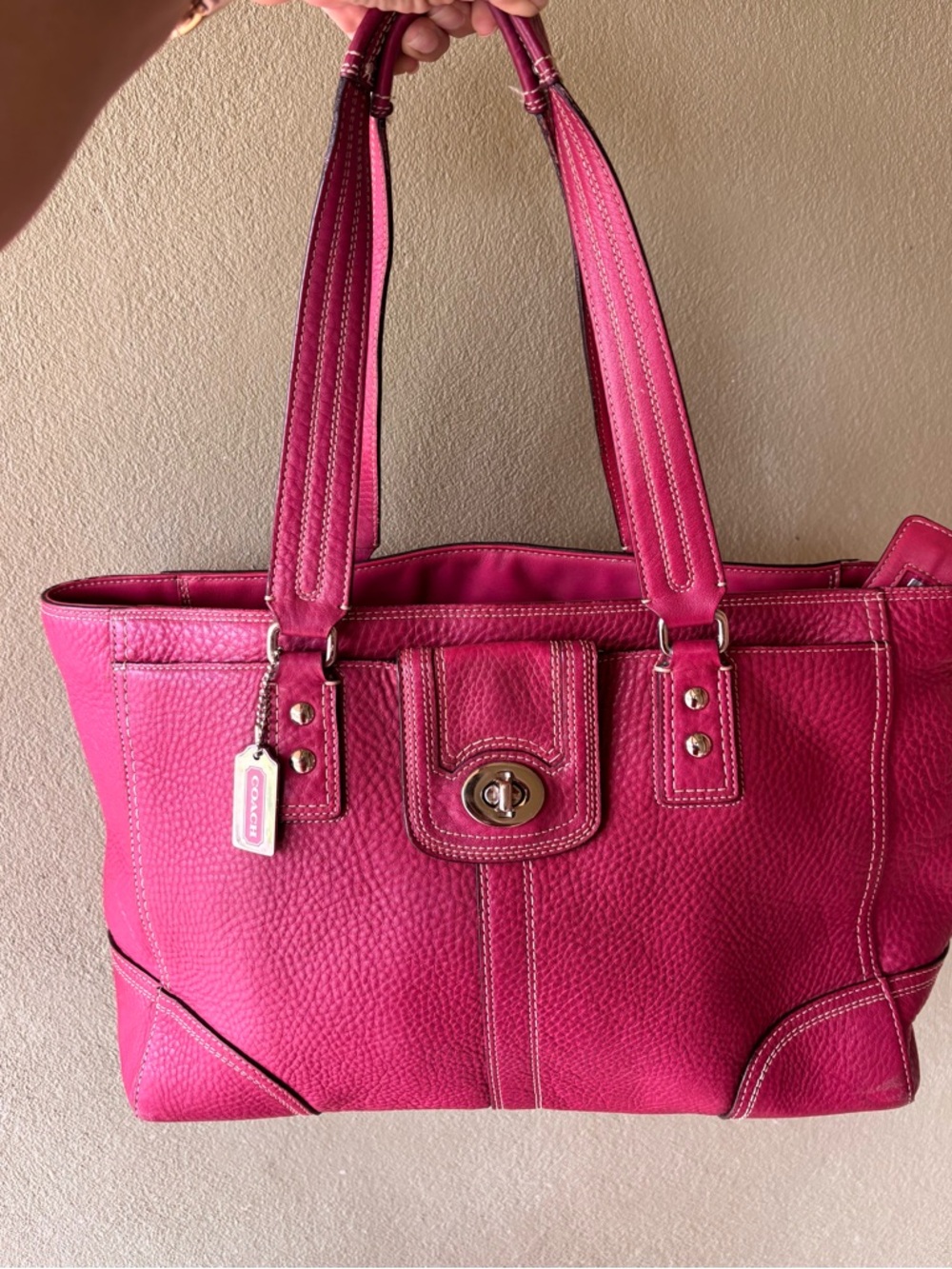 COACH Hot Pink Pebbled Leather Turnlock Tote